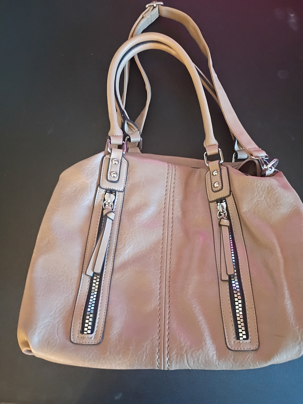Women’s Beige Tote Bag with Decorative Zippers